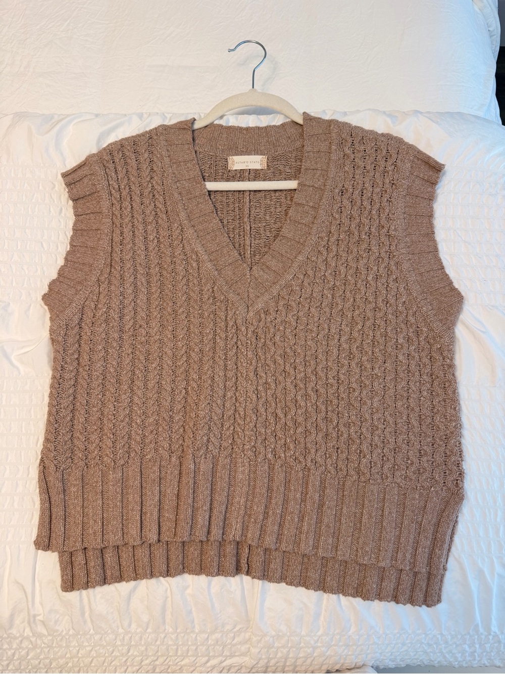 Altar'd State Taupe Cable-Knit V-Neck Sweater Vest